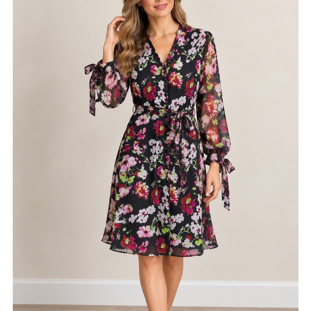 Equipment Femme Size S Silk Floral Dress Black Multi Color Tie Cuff